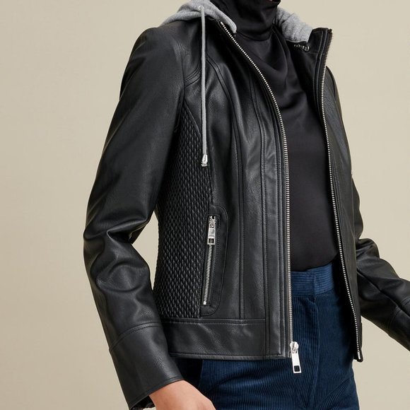 Hooded Scuba Faux-Leather Jacket - Picture 2 of 16